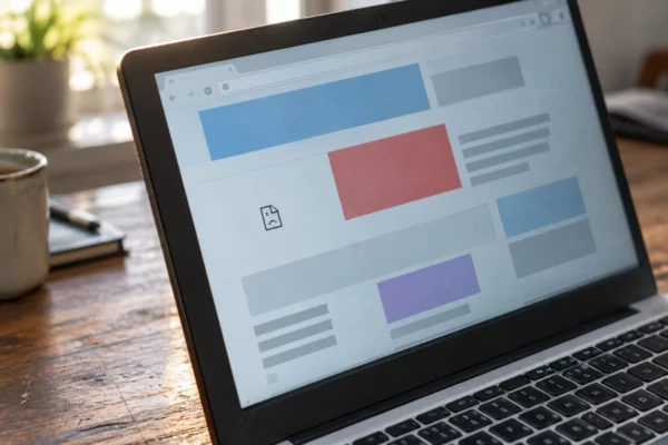 Écran d’ordinateur affichant une interface web aux blocs déplacés sur un bureau en bois, avec clavier et matériel informatique.