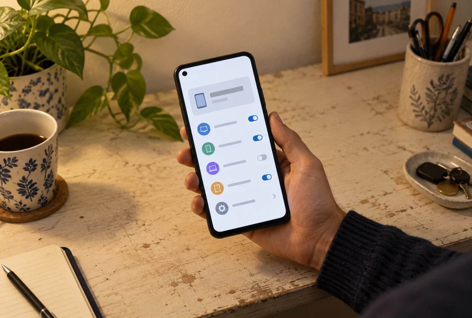Une main consulte un smartphone affichant une interface abstraite de gestion des appareils, posé dans un espace de travail domestique.