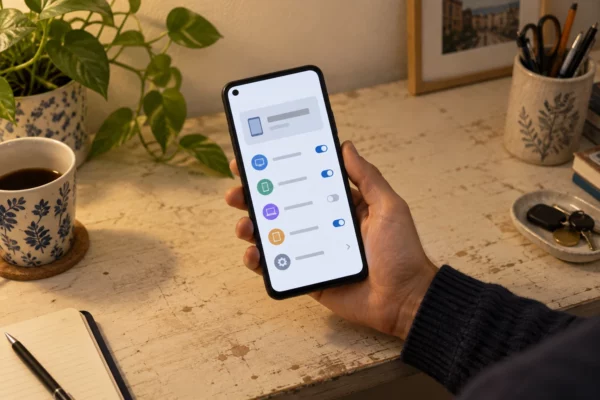 Une main consulte un smartphone affichant une interface abstraite de gestion des appareils, posé dans un espace de travail domestique.
