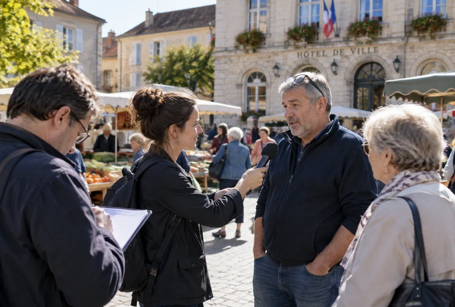 Habitants échangeant sur une place de ville française pendant un micro-trottoir consacré à la présidentielle