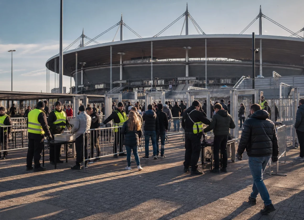 File d’accès sécurisée au Stade de France à Saint-Denis, visiteurs filtrés devant les barrières sous une lumière d’hiver.