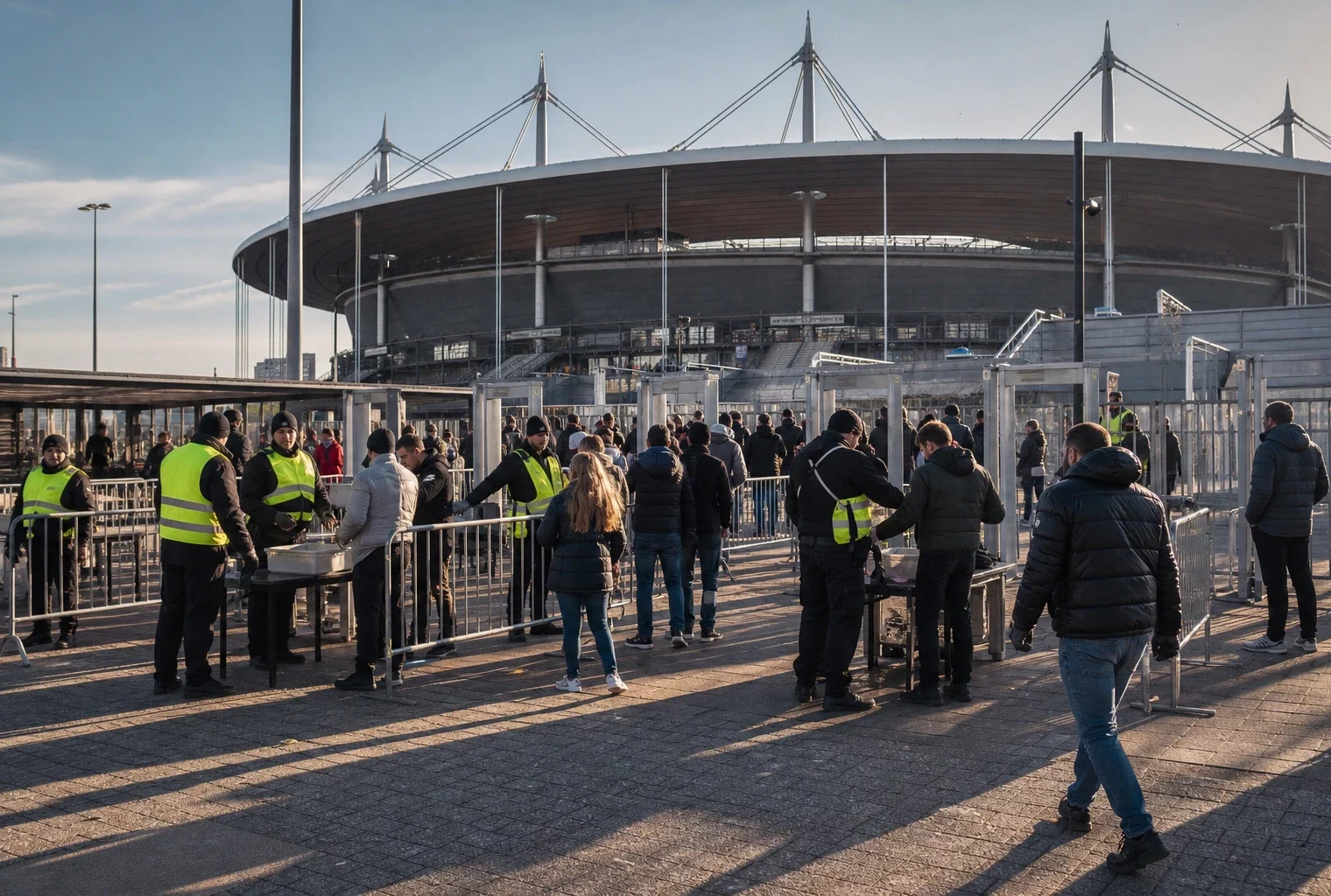 File d’accès sécurisée au Stade de France à Saint-Denis, visiteurs filtrés devant les barrières sous une lumière d’hiver.