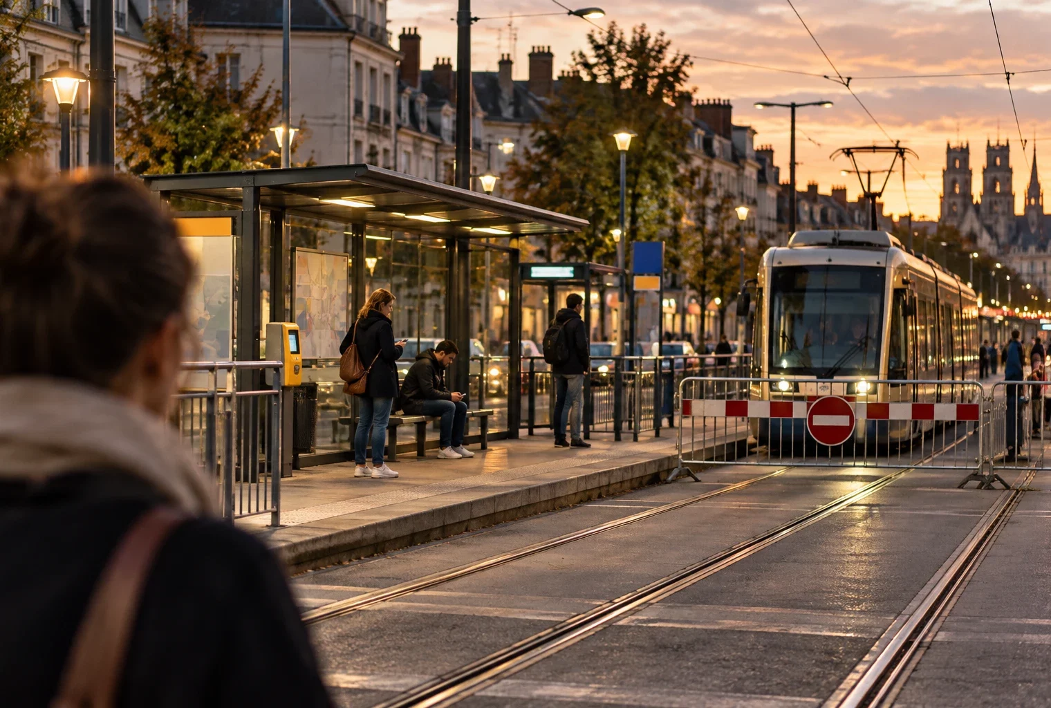 Rails et quai d’une station de tramway, avec abri, bancs et barrières temporaires évoquant des restrictions de service.