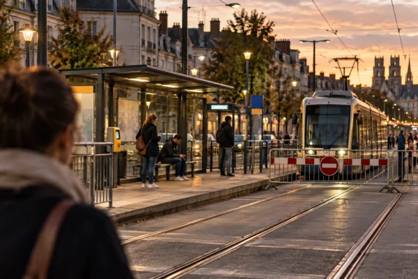 Rails et quai d’une station de tramway, avec abri, bancs et barrières temporaires évoquant des restrictions de service.