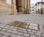 Plaques commémoratives en laiton incrustées dans un trottoir urbain, avec traces d’usure et façade sobre en arrière-plan.