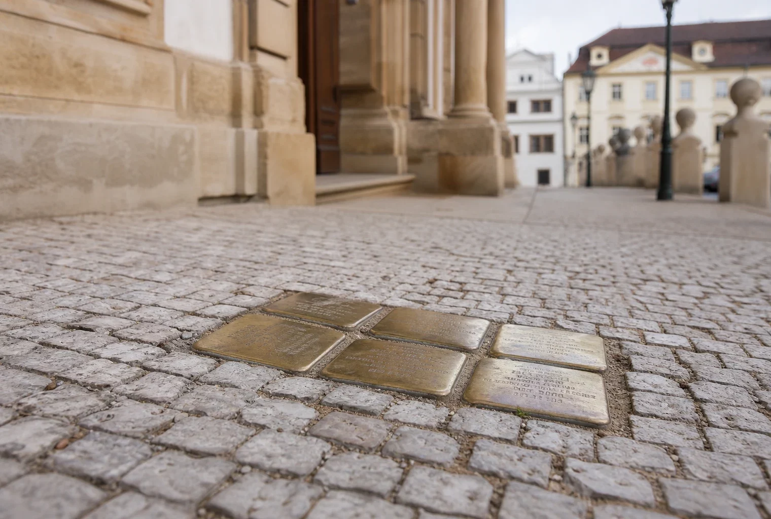 Plaques commémoratives en laiton incrustées dans un trottoir urbain, avec traces d’usure et façade sobre en arrière-plan.