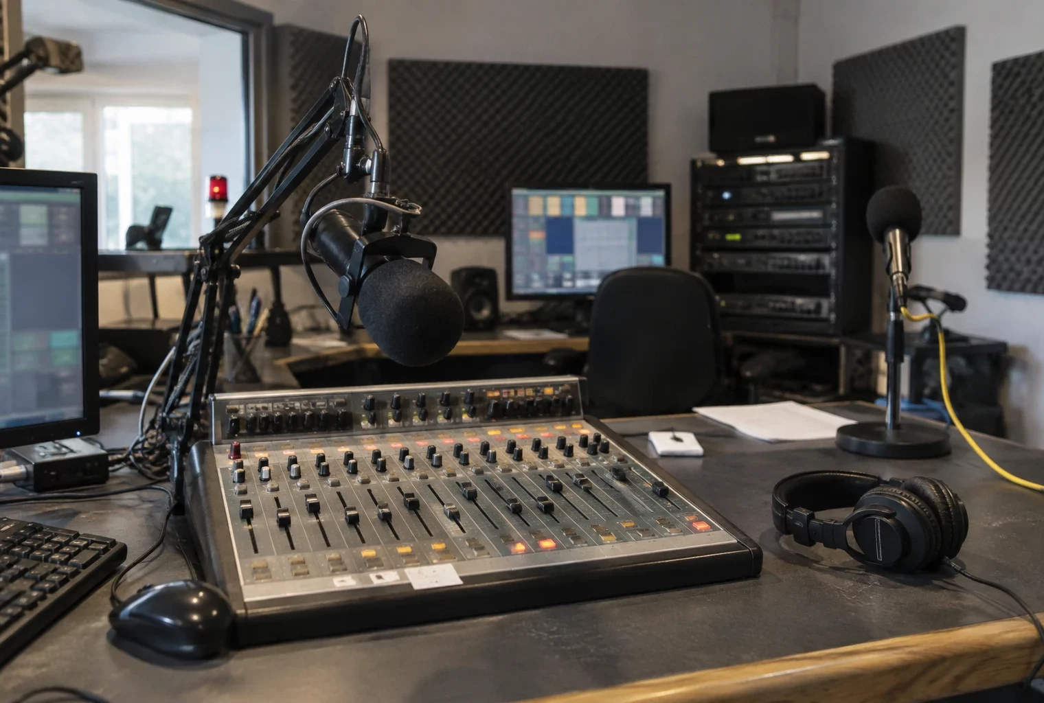 Console de mixage, microphones sur pied et casque dans un studio de radio associatif équipé de panneaux acoustiques.