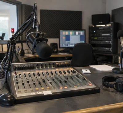 Console de mixage, microphones sur pied et casque dans un studio de radio associatif équipé de panneaux acoustiques.