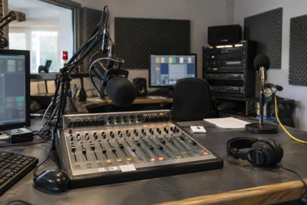 Console de mixage, microphones sur pied et casque dans un studio de radio associatif équipé de panneaux acoustiques.
