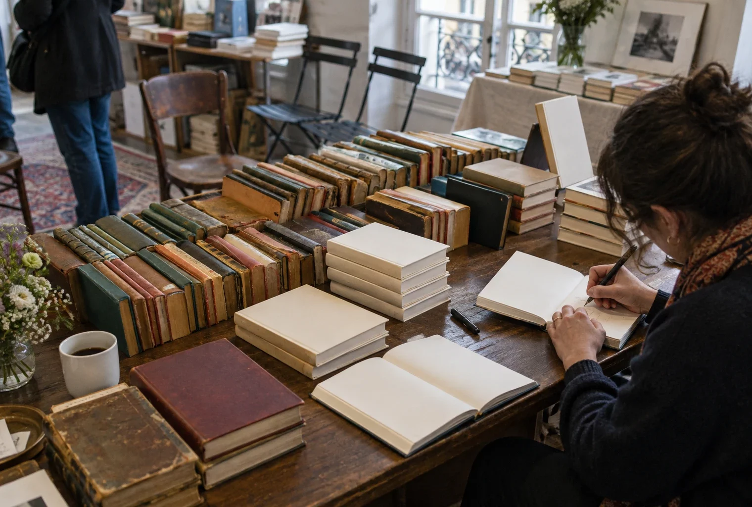 Sur une table de dédicaces, des livres usés sont empilés près d’exemplaires ouverts et d’un stylo, dans une salle sobre.