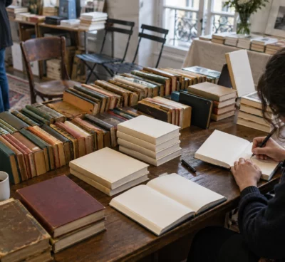 Sur une table de dédicaces, des livres usés sont empilés près d’exemplaires ouverts et d’un stylo, dans une salle sobre.