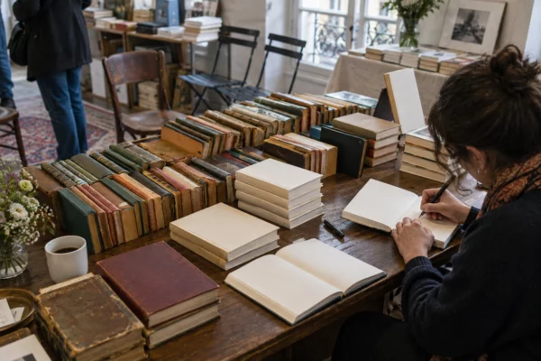 Sur une table de dédicaces, des livres usés sont empilés près d’exemplaires ouverts et d’un stylo, dans une salle sobre.