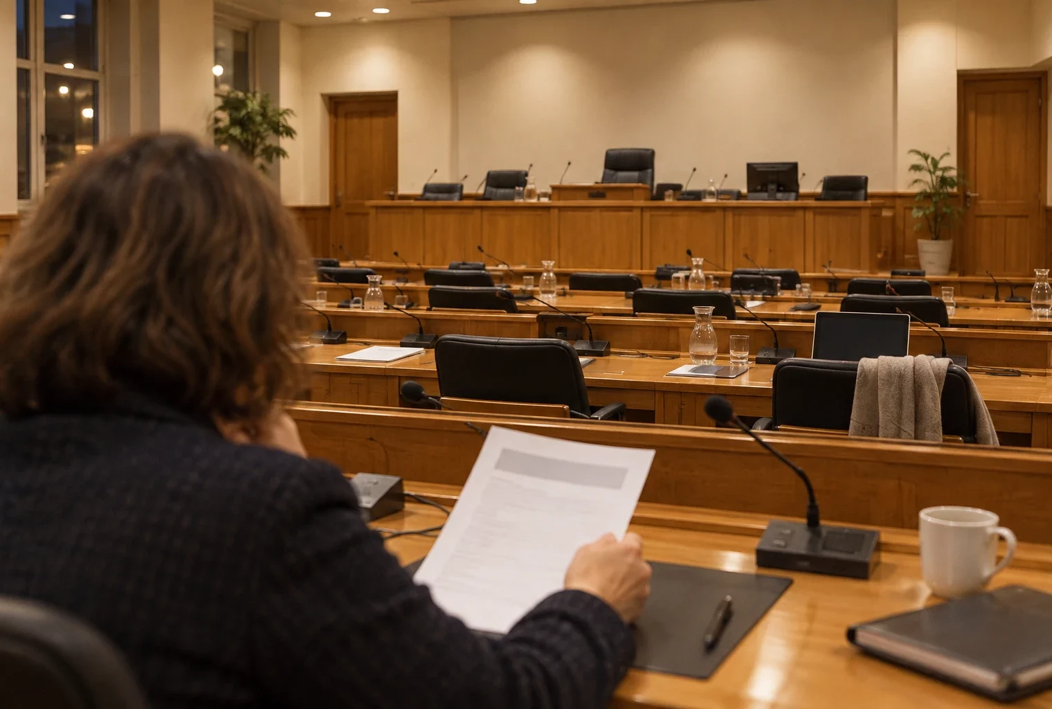 Feuille récapitulative posée sur un pupitre en bois, devant des rangées de bureaux et de microphones dans une salle de conseil.