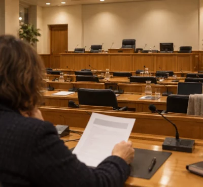 Feuille récapitulative posée sur un pupitre en bois, devant des rangées de bureaux et de microphones dans une salle de conseil.