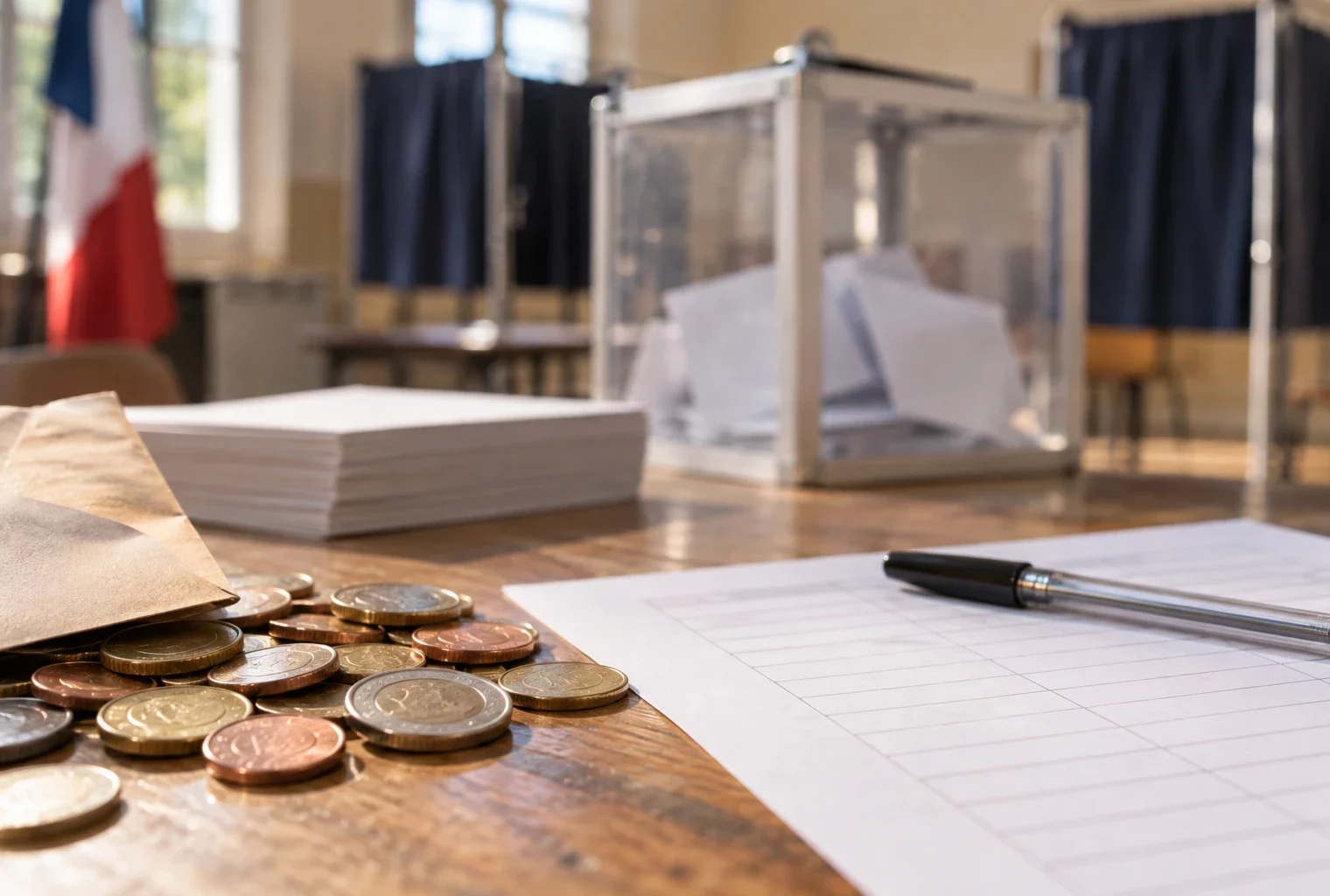 Quelques pièces en euros près d’une fiche vierge sur une table d’inscription, avec une urne et des isoloirs flous en arrière-plan.