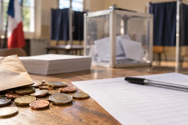 Quelques pièces en euros près d’une fiche vierge sur une table d’inscription, avec une urne et des isoloirs flous en arrière-plan.