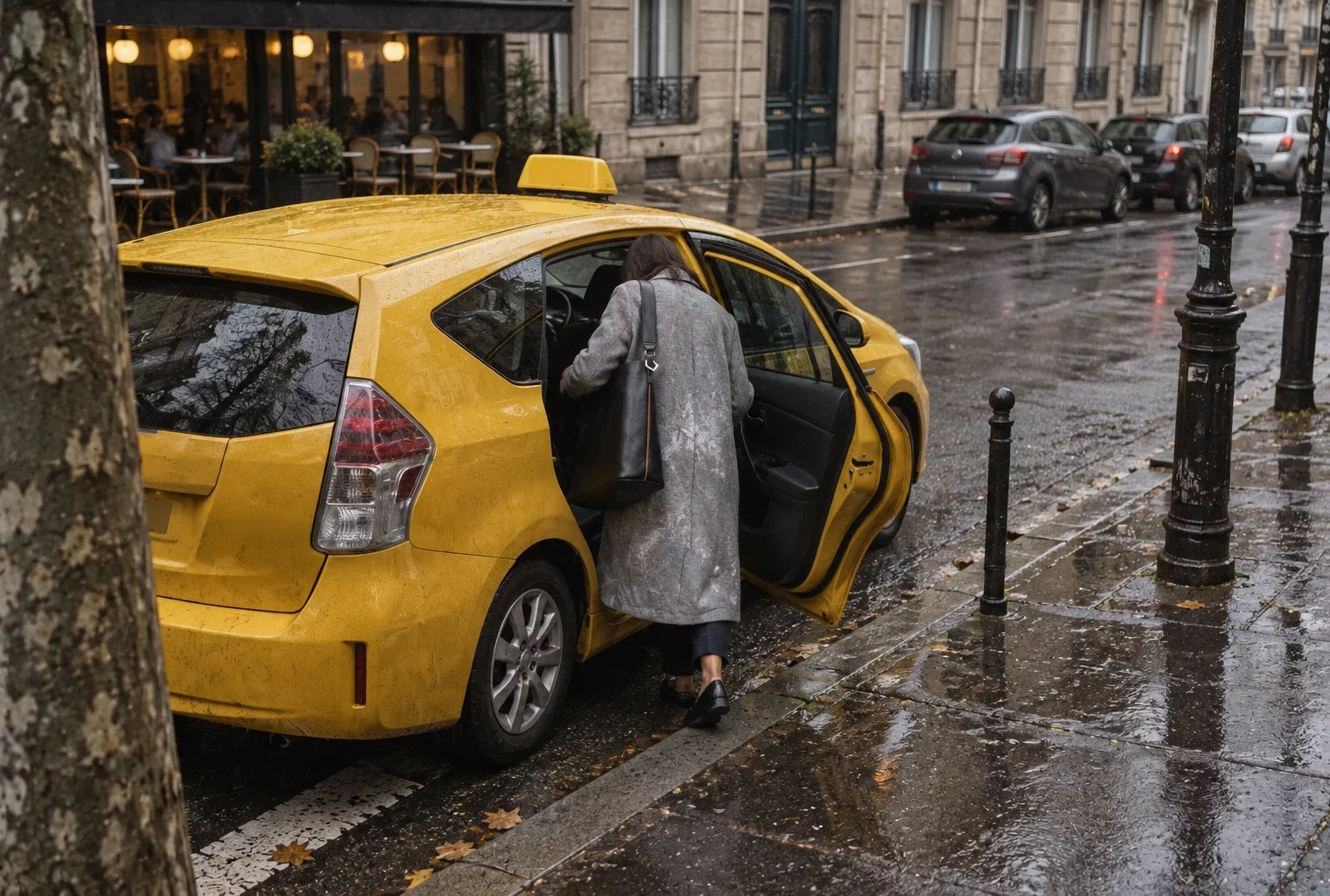 Un passager anonyme enfariné monte dans un taxi jaune garé sous la pluie devant un café parisien.