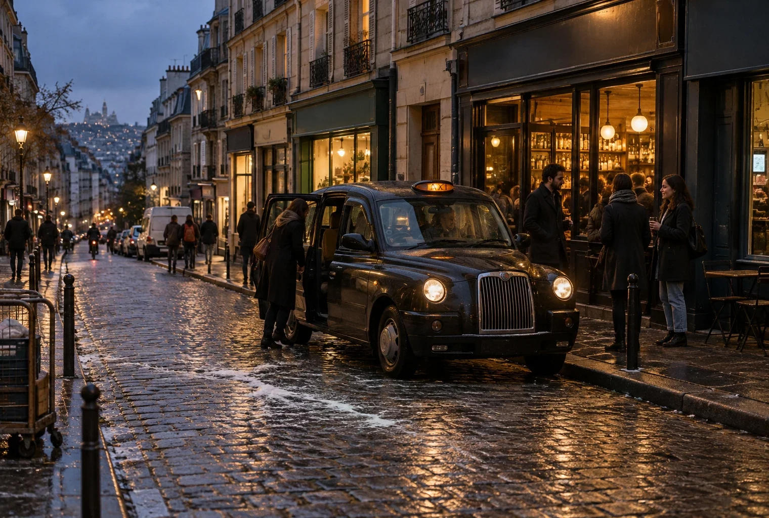 Un taxi arrêté près d’un bar de quartier, dans une rue commerçante aux façades anciennes et pavés usés.