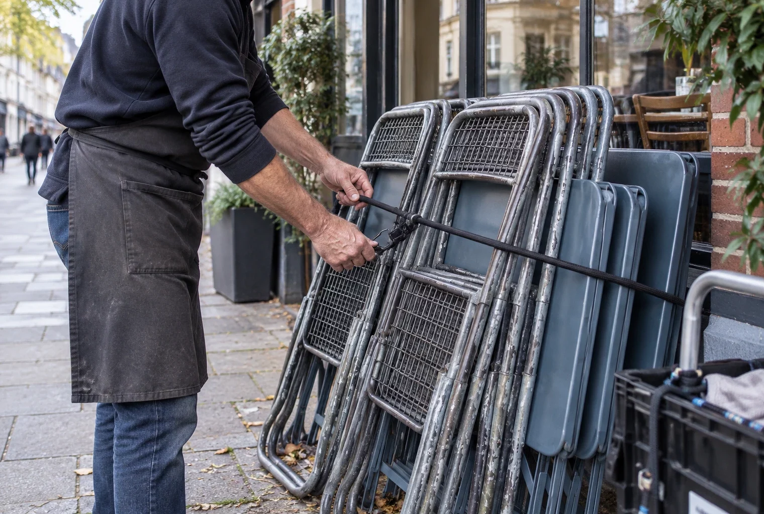 Des mains attachent des chaises empilées et des tables regroupées devant la vitrine d’un café, sur un trottoir dégagé.