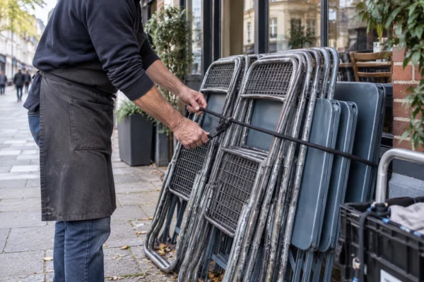 Des mains attachent des chaises empilées et des tables regroupées devant la vitrine d’un café, sur un trottoir dégagé.