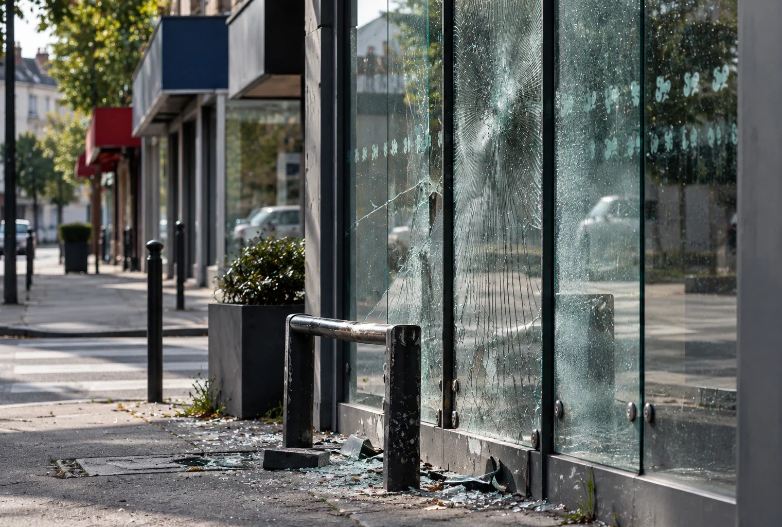 Vitrine fracturée et mobilier urbain abîmé parmi des débris sur le trottoir d’une rue commerçante française.