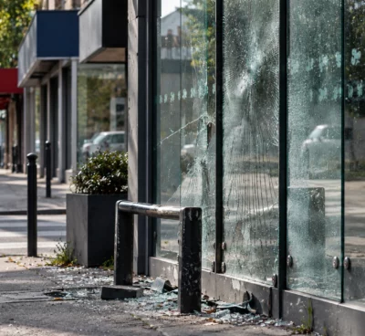 Vitrine fracturée et mobilier urbain abîmé parmi des débris sur le trottoir d’une rue commerçante française.