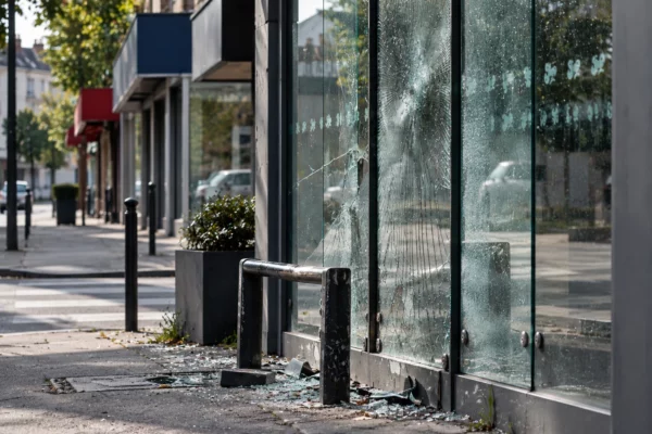 Vitrine fracturée et mobilier urbain abîmé parmi des débris sur le trottoir d’une rue commerçante française.