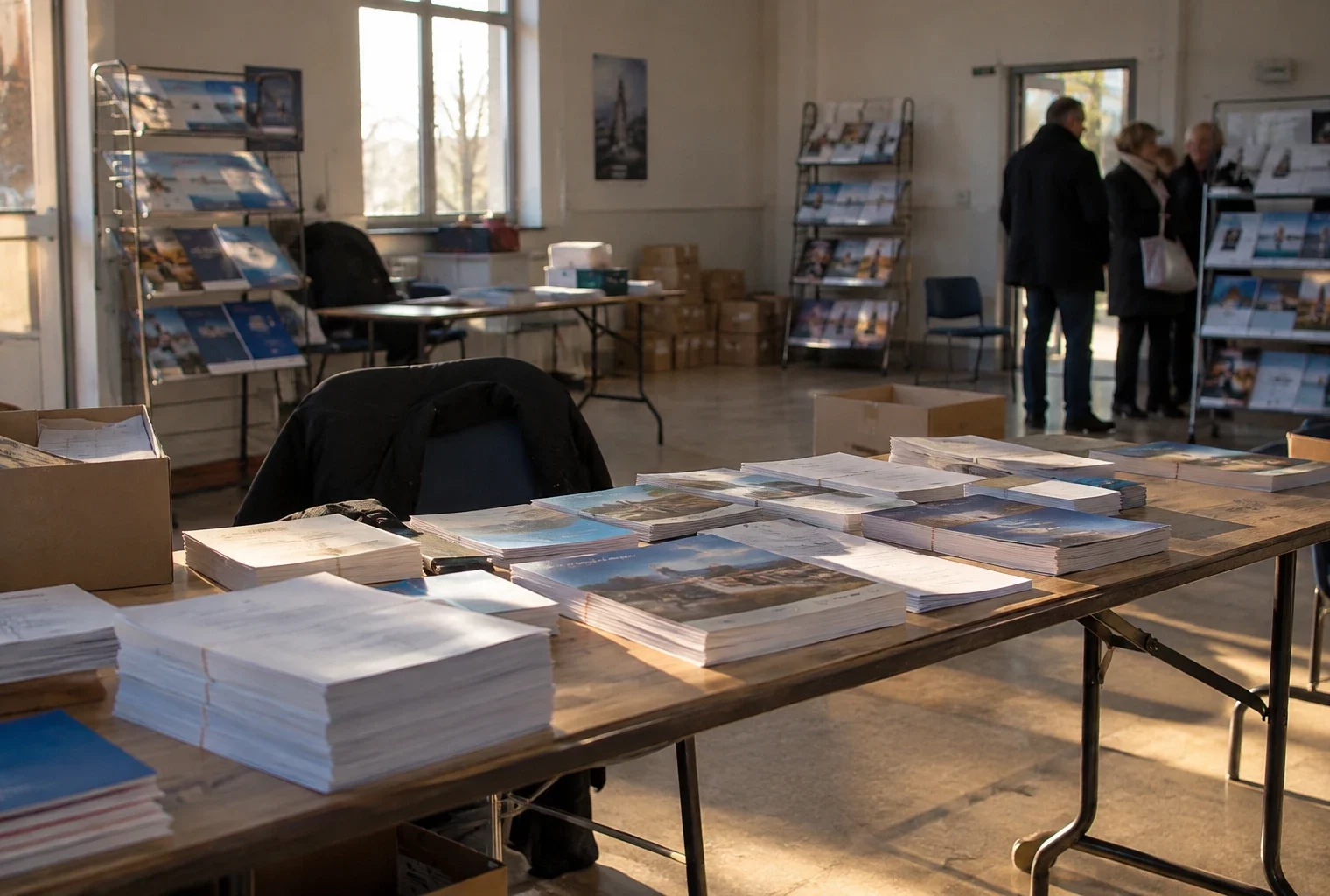 Des tracts de campagne municipale imprimés sont disposés sur une table, près de piles de documents dans une salle sobre.