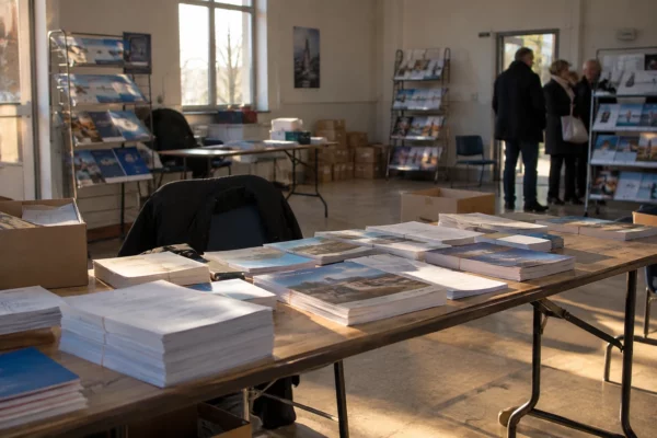 Des tracts de campagne municipale imprimés sont disposés sur une table, près de piles de documents dans une salle sobre.