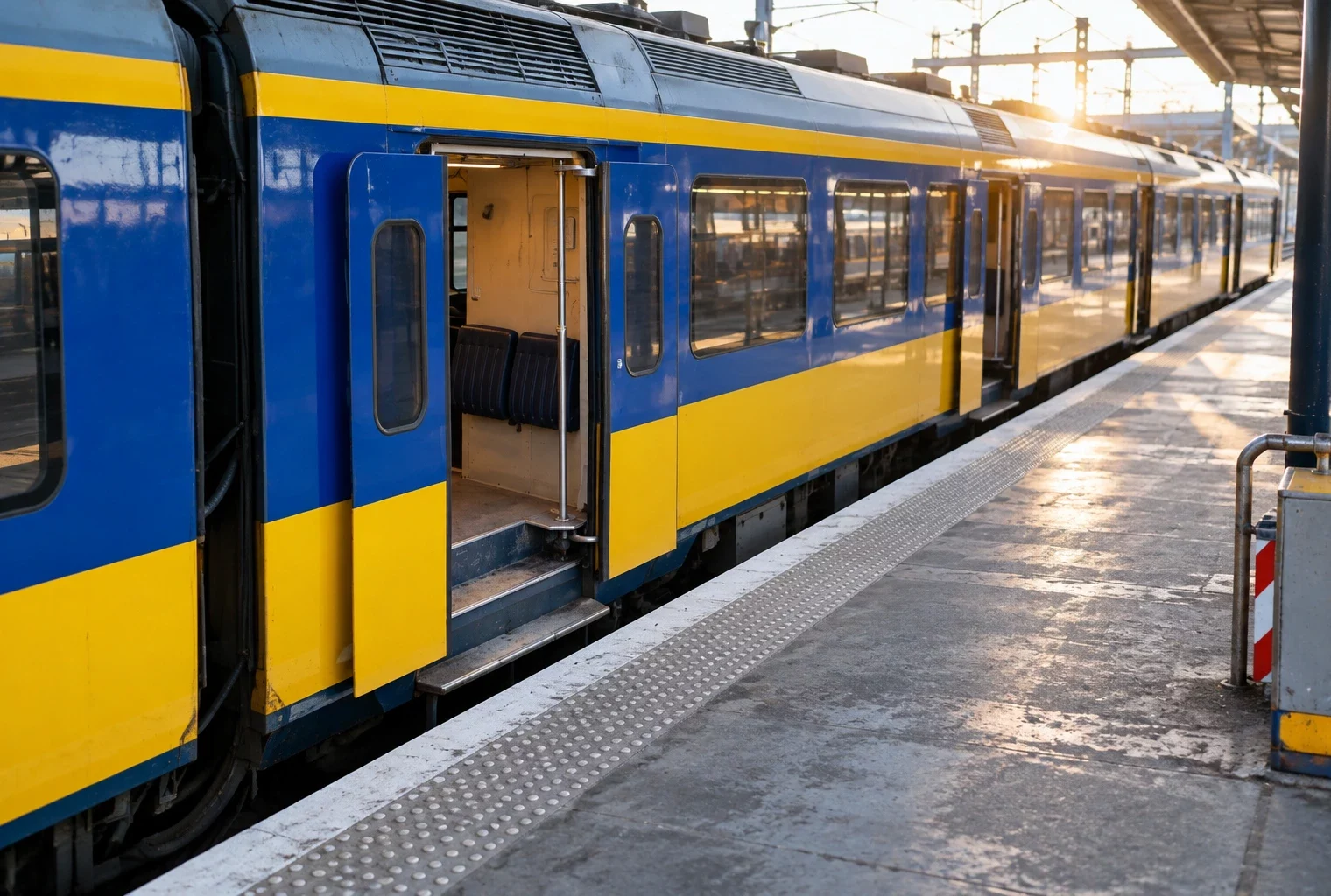 Portes ouvertes d’une rame à quai, avec bordure tactile au premier plan et équipements ferroviaires en arrière-plan.