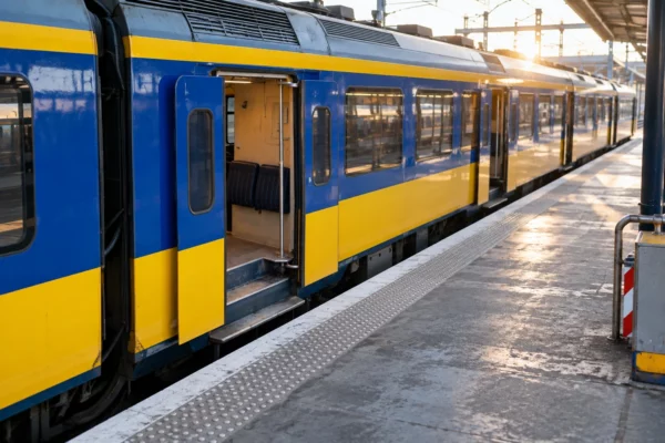 Portes ouvertes d’une rame à quai, avec bordure tactile au premier plan et équipements ferroviaires en arrière-plan.
