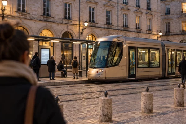 Un tramway à l’arrêt sur ses rails pavés, devant des façades de pierre et un quai urbain aux traces d’usage.