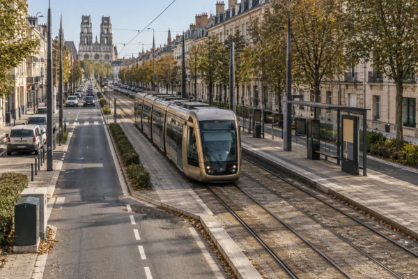 Un tramway immobilisé sur des rails encastrés dans une rue de centre-ville, devant un arrêt désert et des façades urbaines.
