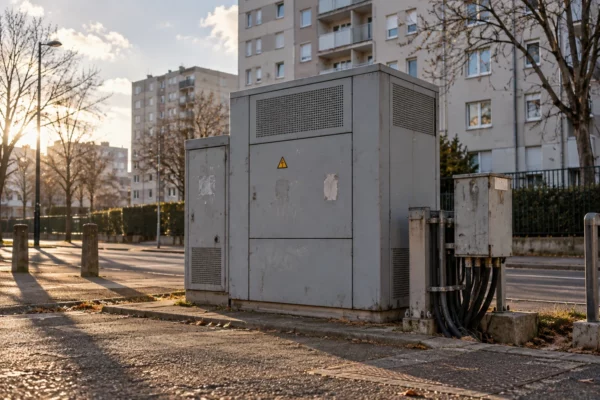 Un transformateur électrique aux parois métalliques usées longe une rue résidentielle, avec des immeubles en arrière-plan sous un soleil d’hiver.