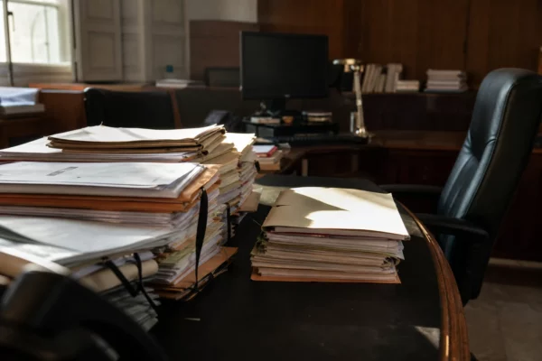 Bureau judiciaire avec dossiers empilés dans le tribunal judiciaire de Paris