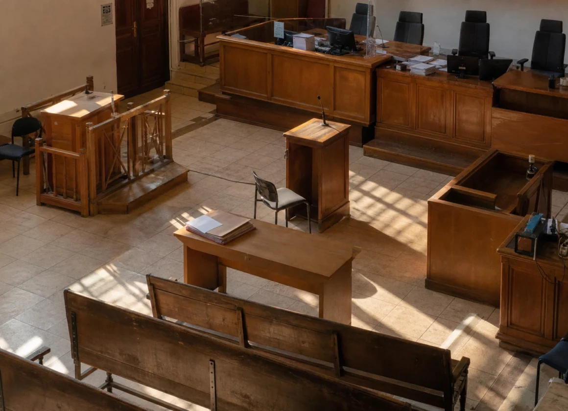 Salle d’audience de tribunal vide avec bancs et pupitres, en lien avec les poursuites visant Alain Soral.