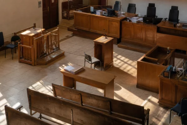 Salle d’audience de tribunal vide avec bancs et pupitres, en lien avec les poursuites visant Alain Soral.