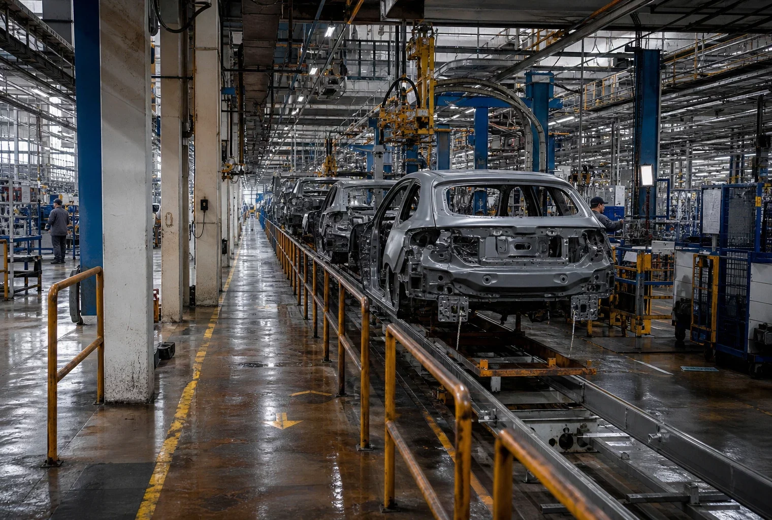 Chaîne d’assemblage Renault dans une vaste halle industrielle, carrosseries électriques, sol mouillé et lumière grise de pluie.
