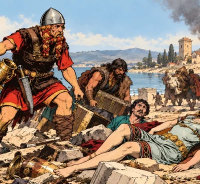 Illustration de pillards en tunique et casque parmi des ruines antiques, des coffres et des objets renversés, sous un ciel enfumé.