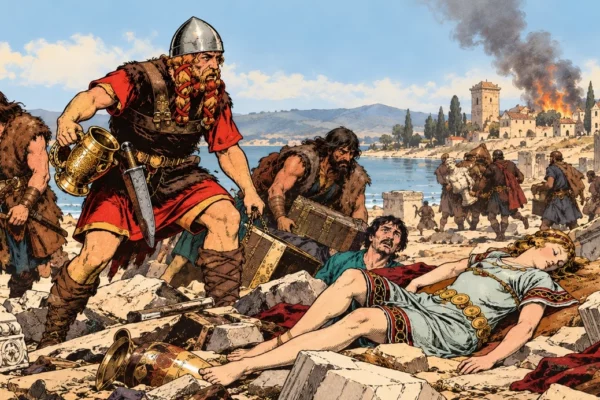 Illustration de pillards en tunique et casque parmi des ruines antiques, des coffres et des objets renversés, sous un ciel enfumé.