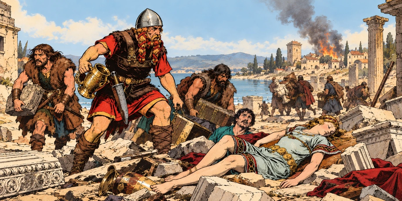 Illustration de pillards en tunique et casque parmi des ruines antiques, des coffres et des objets renversés, sous un ciel enfumé.