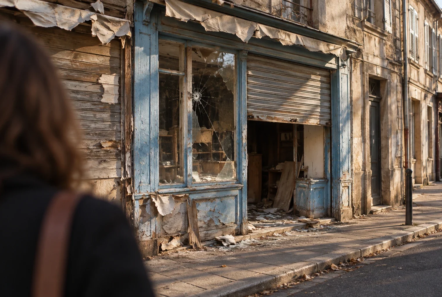 Vitrine brisée et volet métallique à demi baissé devant un commerce usé, avec quelques débris sur le seuil d’une rue commerçante.