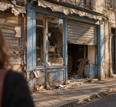 Vitrine brisée et volet métallique à demi baissé devant un commerce usé, avec quelques débris sur le seuil d’une rue commerçante.