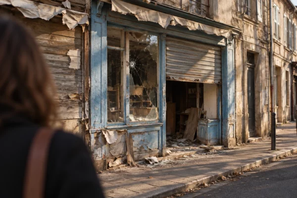 Vitrine brisée et volet métallique à demi baissé devant un commerce usé, avec quelques débris sur le seuil d’une rue commerçante.
