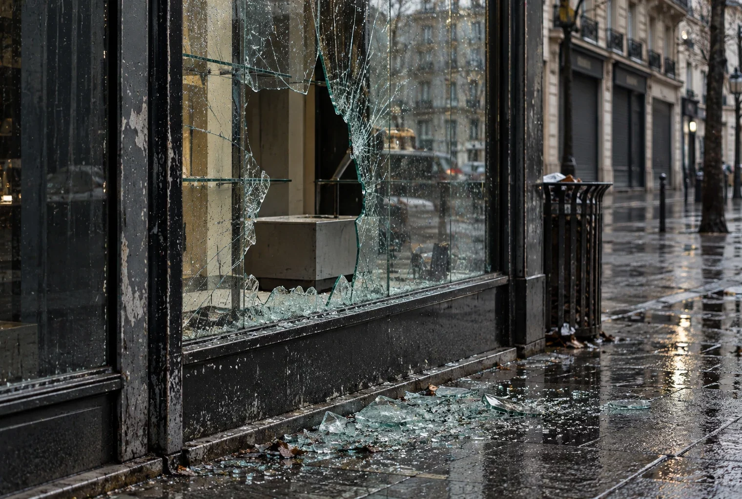 Vitrine de commerce brisée sur un boulevard parisien pluvieux, avec des éclats de verre sur le trottoir près d’une poubelle.