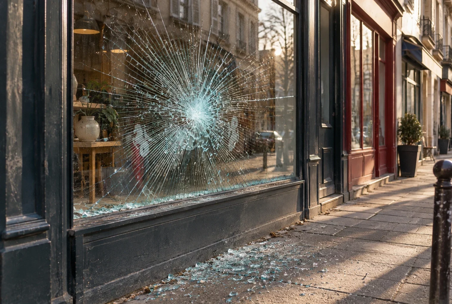 Vitrine fracturée d’un commerce dans une rue française, avec des éclats de verre au sol et des façades en arrière-plan.