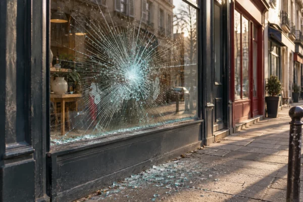 Vitrine fracturée d’un commerce dans une rue française, avec des éclats de verre au sol et des façades en arrière-plan.