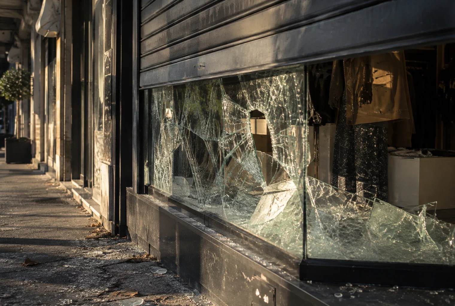 Devanture d’un commerce avec une vitrine brisée et un rideau métallique partiellement baissé, sur une rue commerçante.