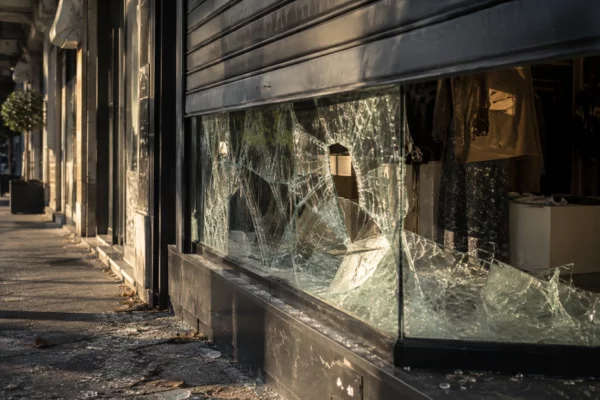 Devanture d’un commerce avec une vitrine brisée et un rideau métallique partiellement baissé, sur une rue commerçante.