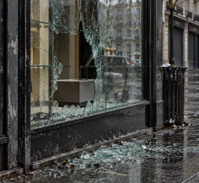 Vitrine de commerce brisée sur un boulevard parisien pluvieux, avec des éclats de verre sur le trottoir près d’une poubelle.